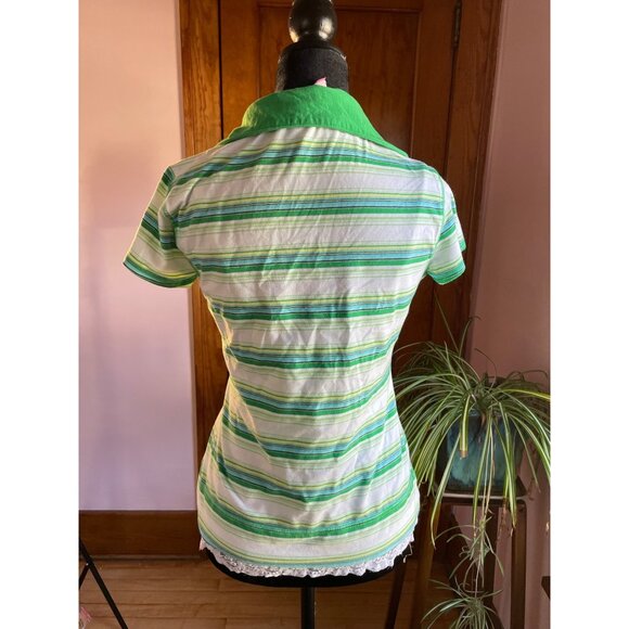 VTG Y2K Energie green striped polo top preppy Sz XL Mallcore Bratz Avril Lavigne - Picture 4 of 10